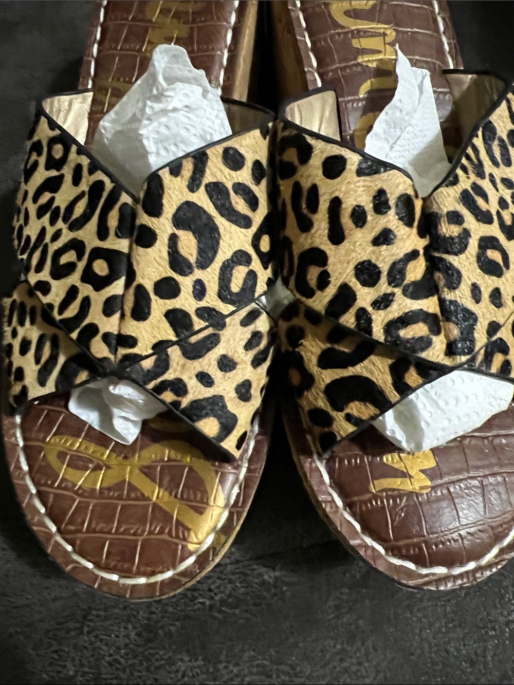 Sam Edelman Leopard Print Leather Slide Platform Mules - Tan & Black - Picture 8 of 9